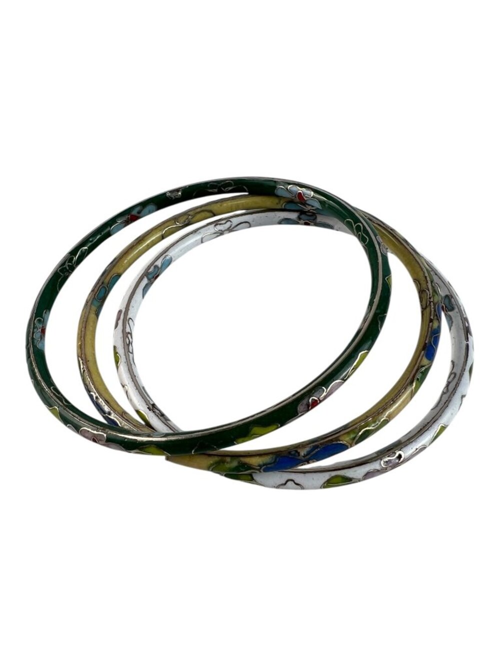 Vintage Cloisonne Bangle Set Handmade Enamel Floral Bracelets Stackable Trio - Picture 3 of 4